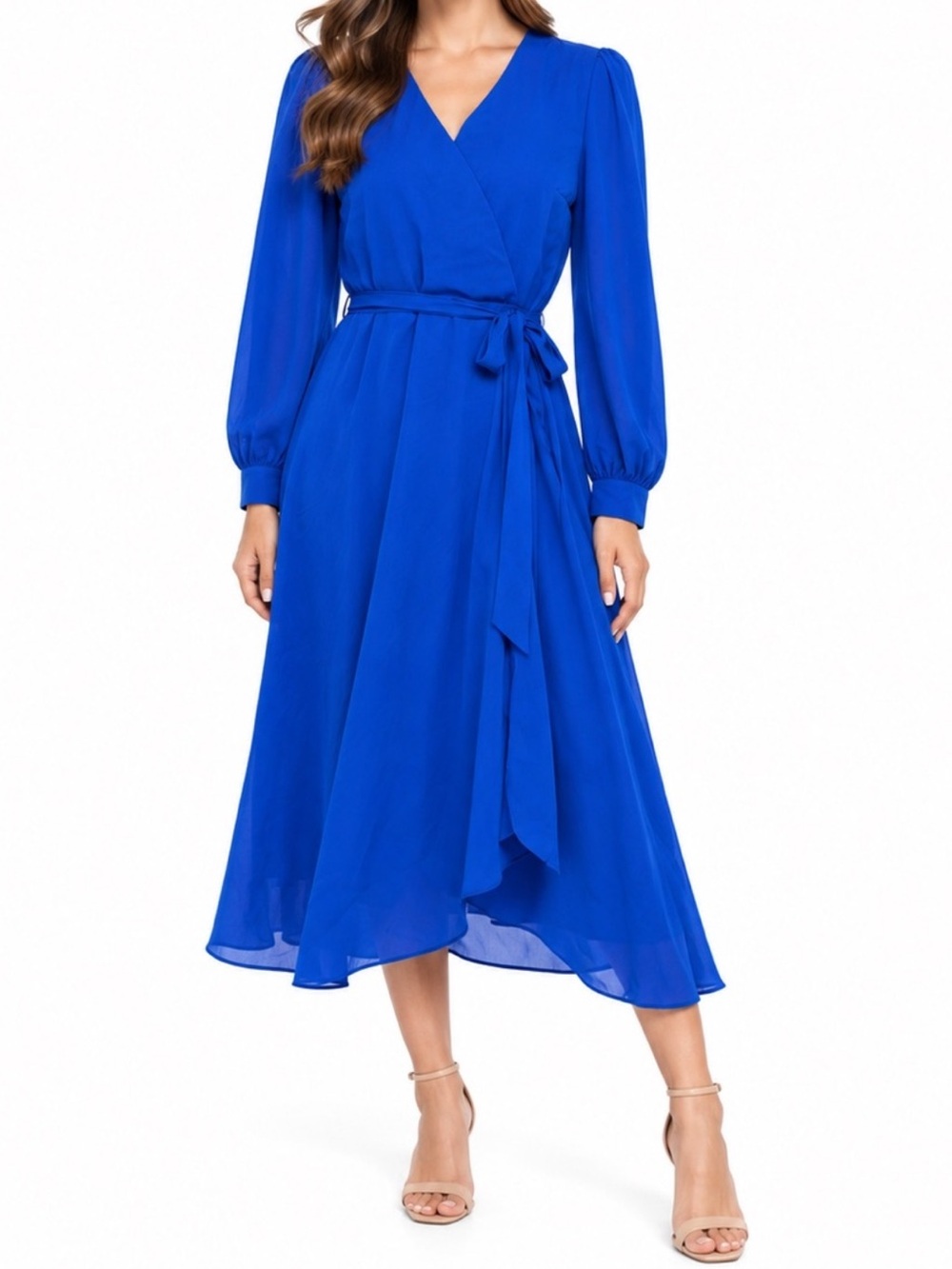 Tahari Royal Blue Faux Wrap Long Sleeve Midi Dress 8 NWT